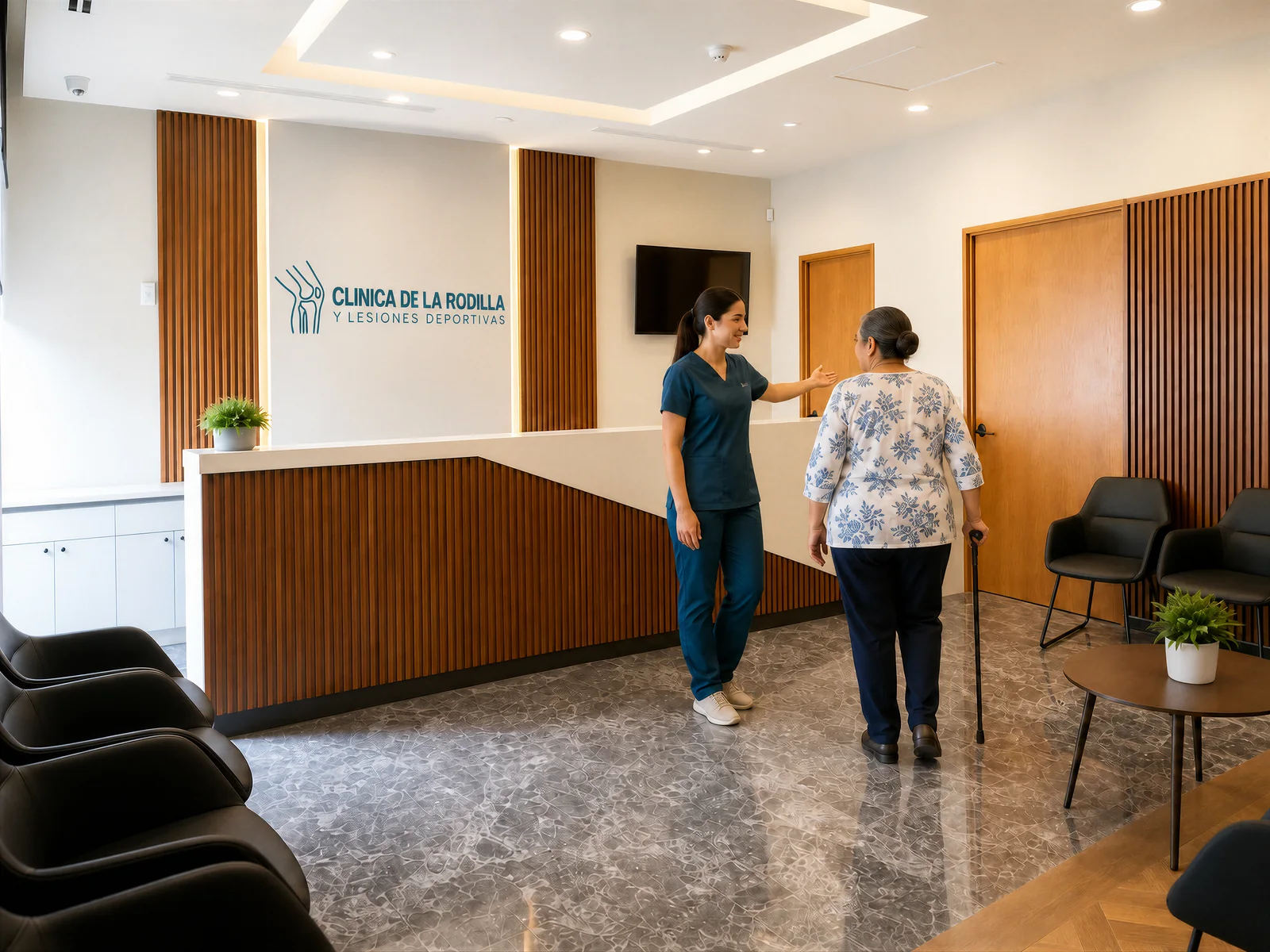 Una integrante del equipo acompaña a una paciente en la recepción de la clínica