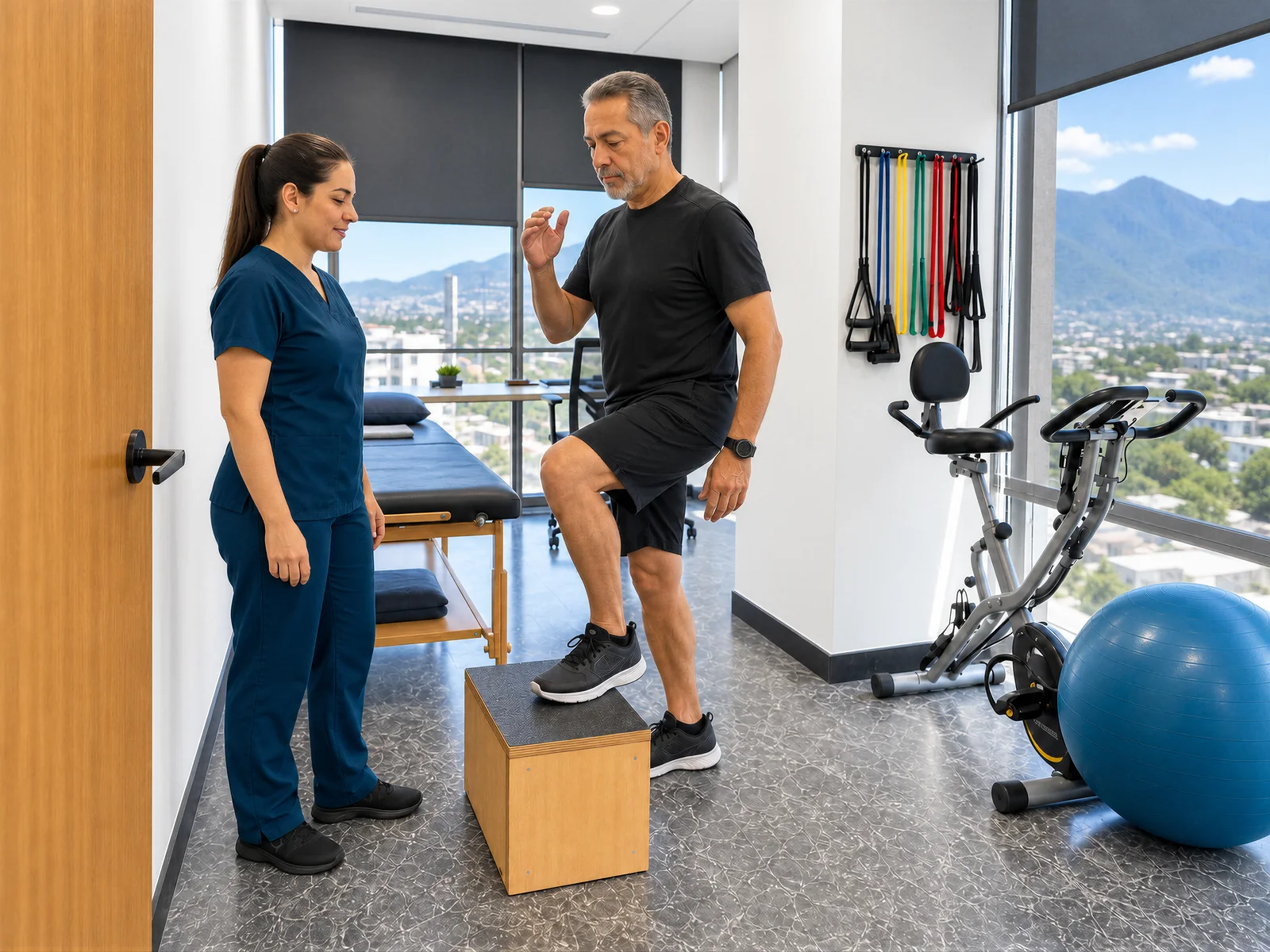 Un terapeuta guía a un paciente en un ejercicio de equilibrio sobre un escalón, en la clínica