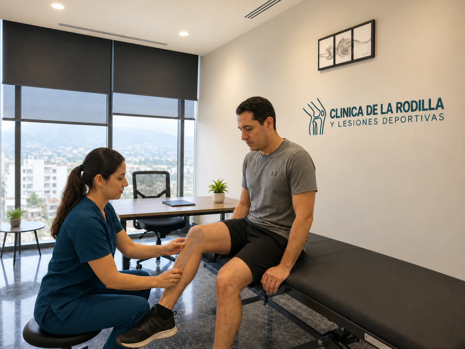 Una terapeuta mide la movilidad de la rodilla de un paciente en el consultorio de valoración